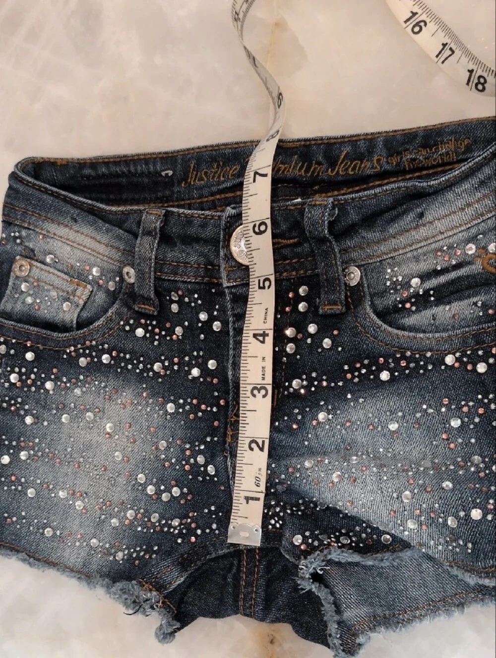 Justice Dark Wash Denim Jean Shorts with Rhinestone Accents